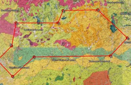 Capture de la carte du périmètre demandé pour permis exclusif de recherches de mines dit "Permis Bonneval", sur fond de carte géologique.