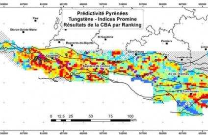  Carte des résultats de la prédictivité W par la méthode CBA par ranking à l’échelle des Pyrénées.