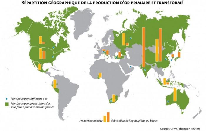 Répartition géographique de la production d'or primaire et transformé