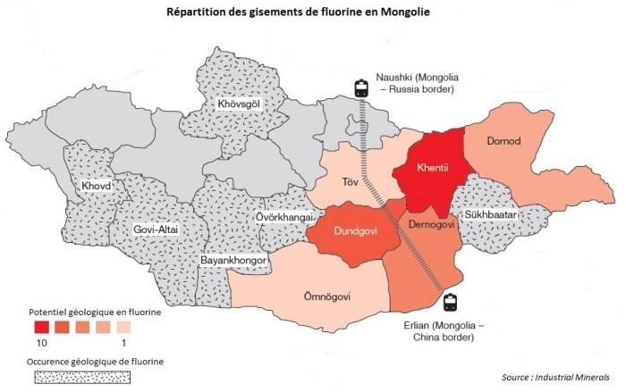 Répartition des gisements de fluorine en Mongolie