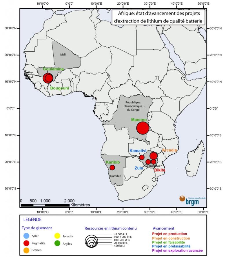 Afrique : état d'avancement des projets d'extraction de lithium de qualité batterie - © BRGM Afrique : état d'avancement des projets d'extraction de lithium de qualité batterie