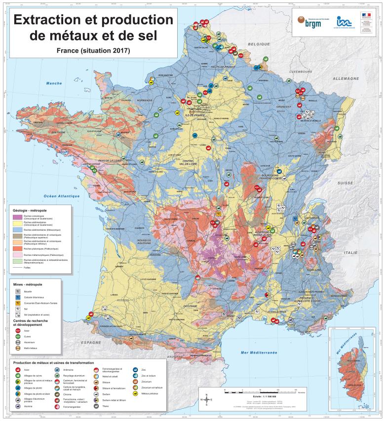 Carte des usines de première transformation de substances minières en métropole - 2017