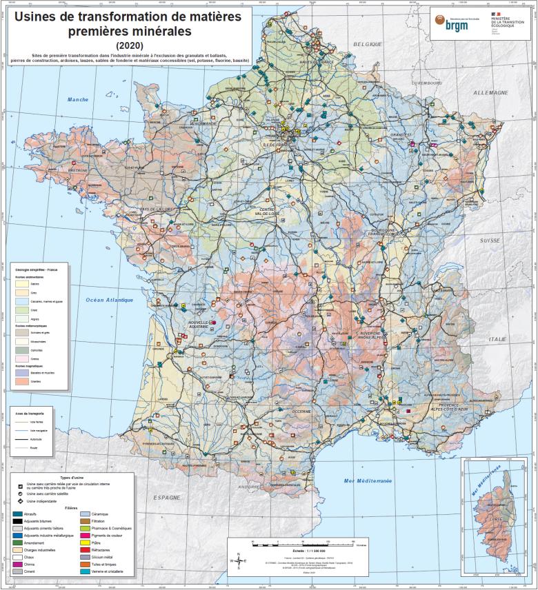Carte des usines de première transformation des substances de carrières