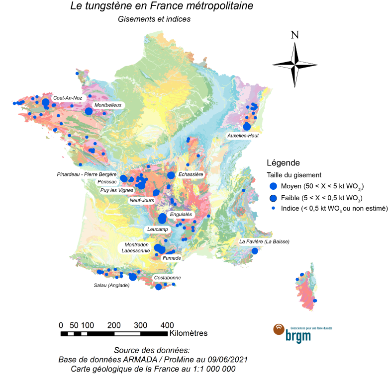 Le tungstène en France métropolitaine : gîtes et indices - © BRGM Le tungstène en France métropolitaine : gîtes et indices