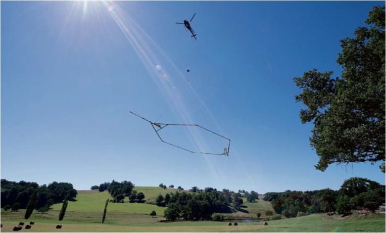 Dispositif de mesure électromagnétique tracté par un hélicoptère lors des levés géophysiques