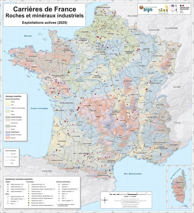 Carte Carrières de France - Roches et minéraux industriels - Exploitations actives (2025)